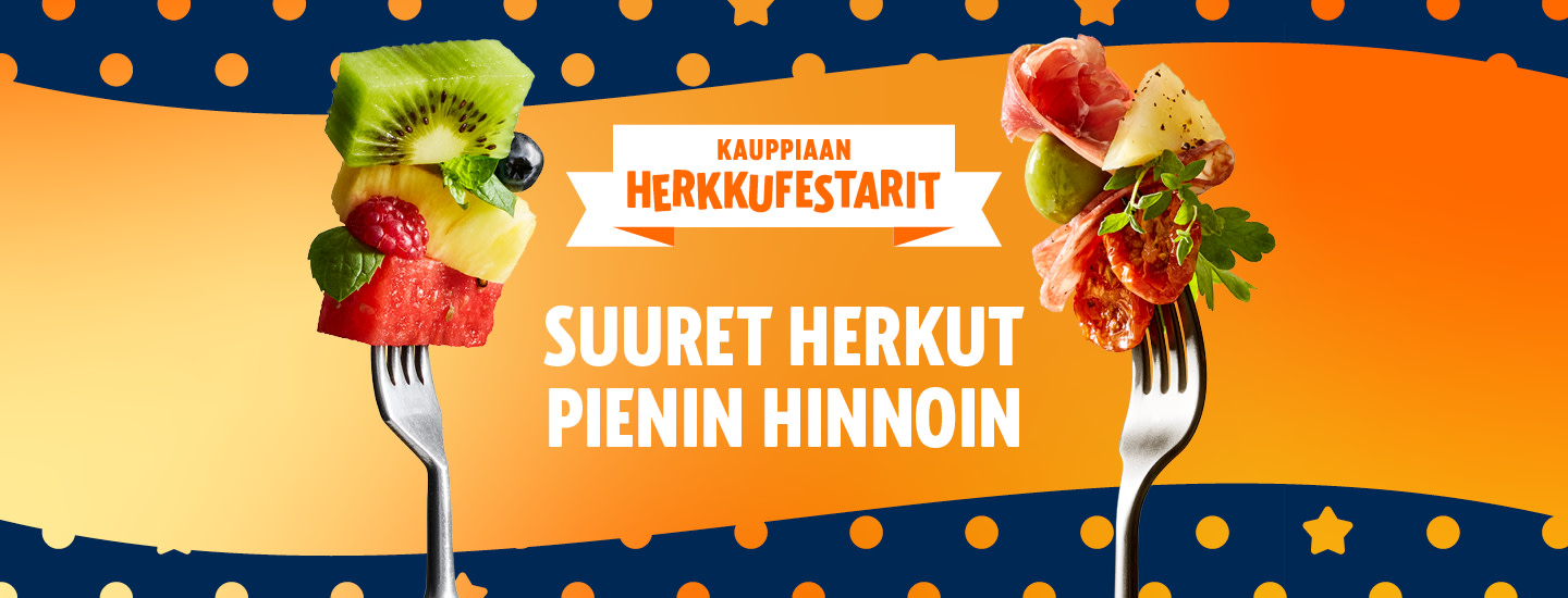 Kaksi haarukkaa, joissa on värikkäitä hedelmiä ja leikkeleitä, oranssia taustaa vasten; teksti suomeksi: Kauppiaan Herkkufestarit.