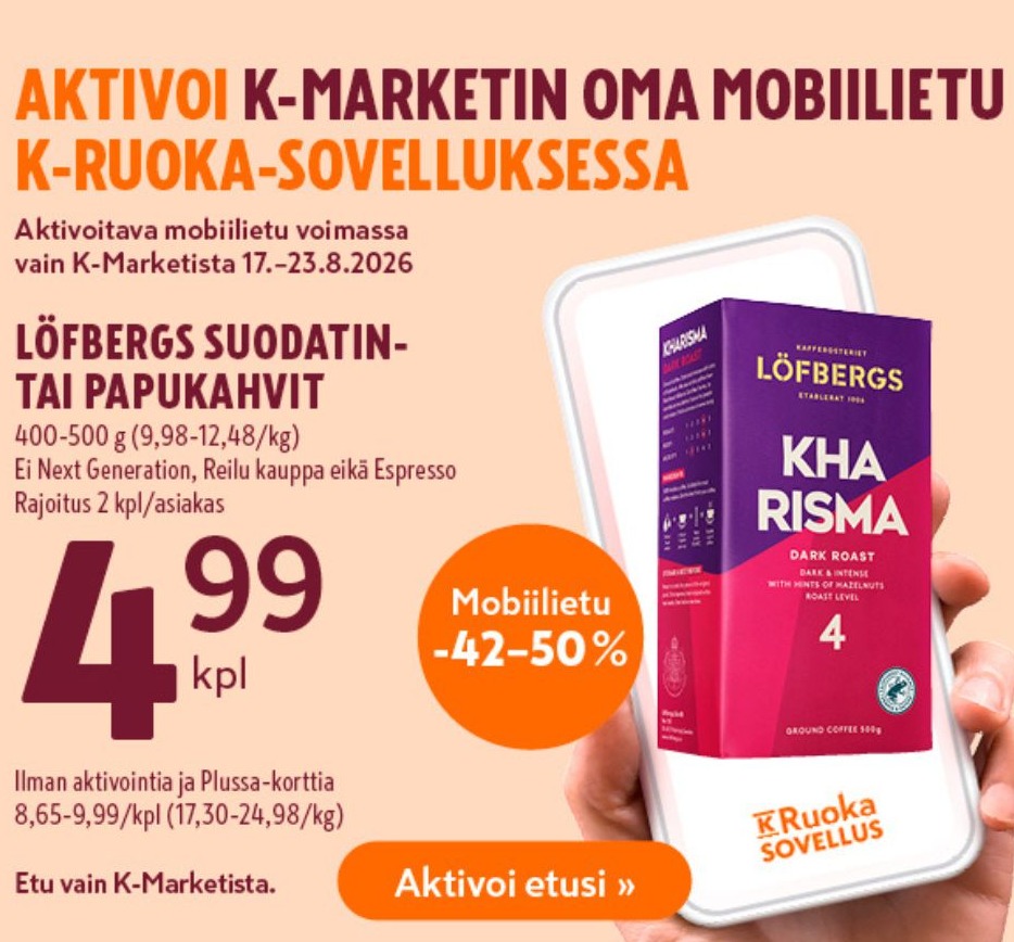 Lataa K-Marketin oma mobiilietu K-Ruoka -sovelluksessa