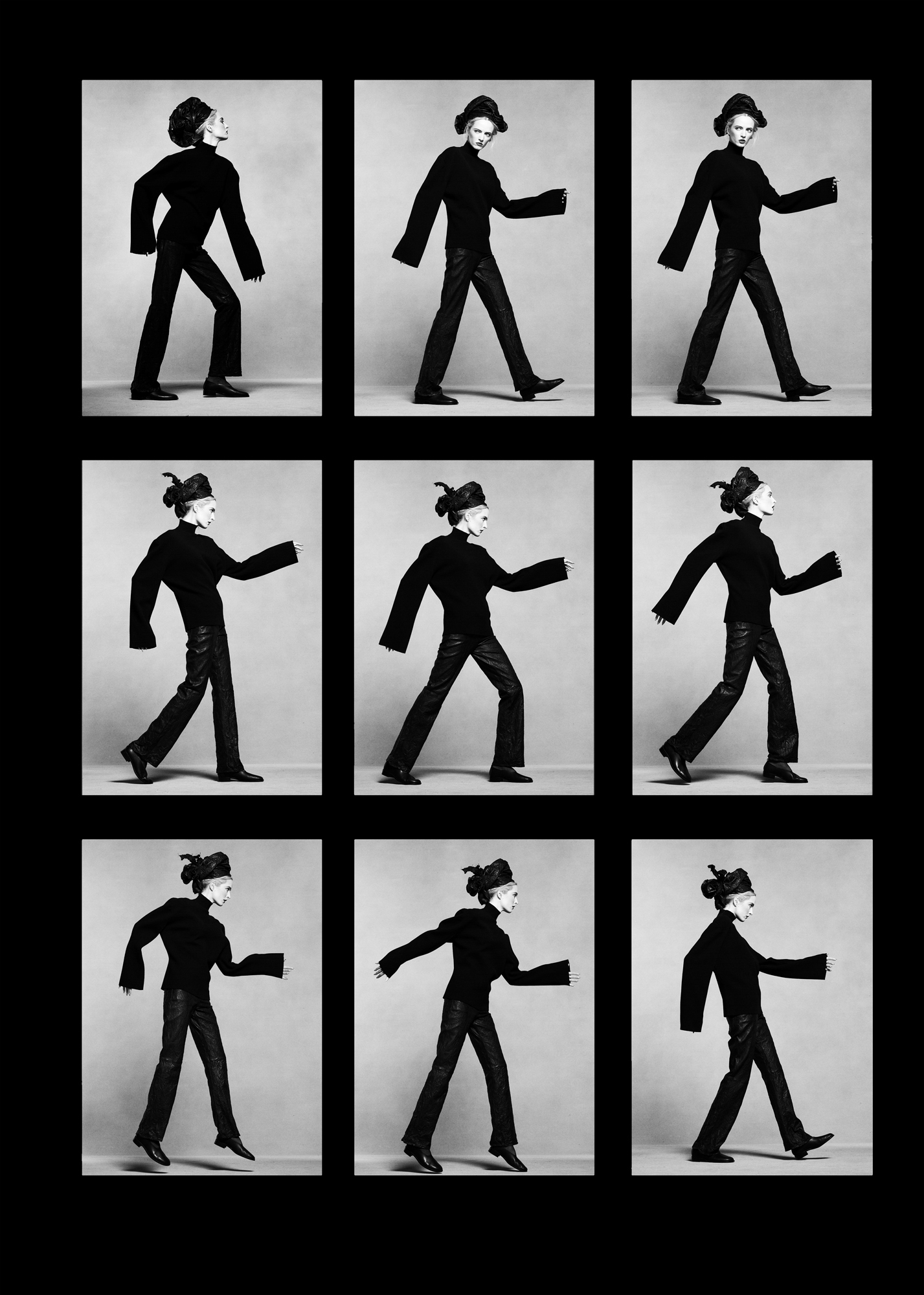 The image has multiple frames of the same composition repeated in a grid format. The model is doing different iterations of the same pose with different gestures and expressions. 