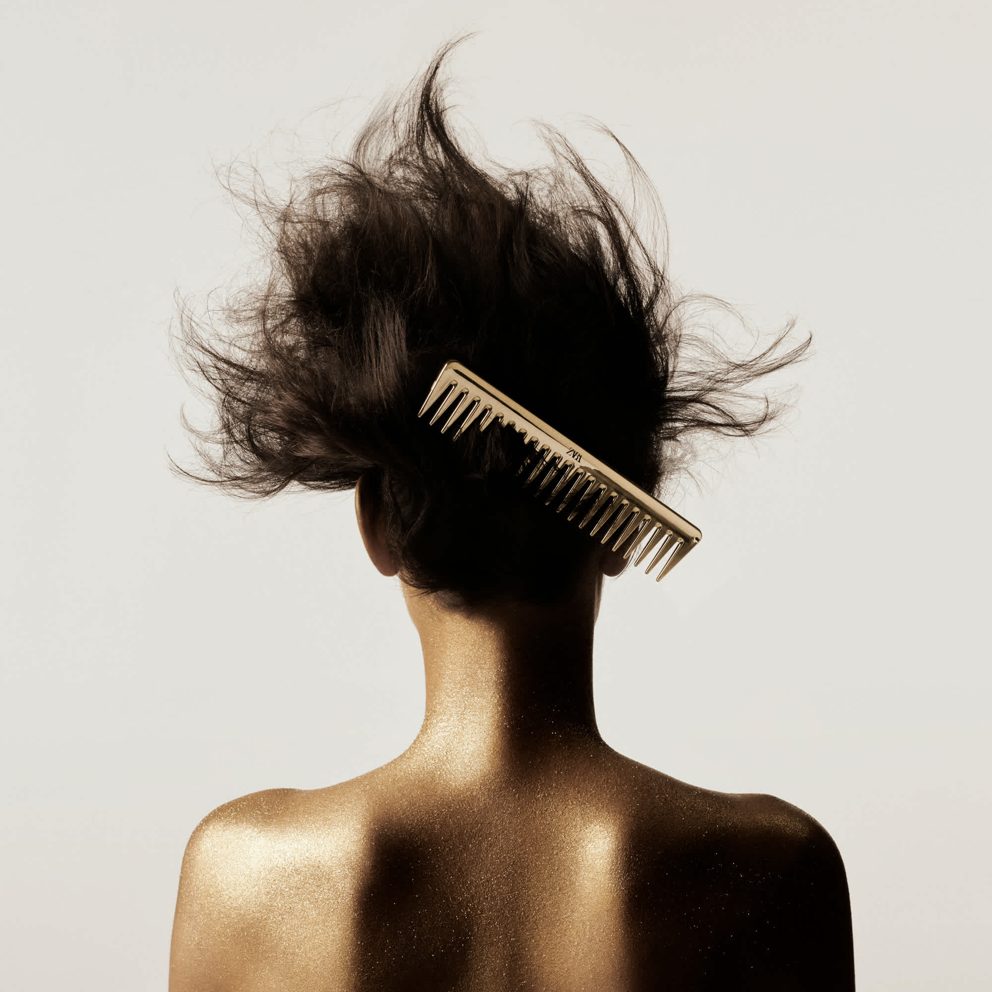 A model is facing away from the camera, and their entire back is covered with gold paint. Their hair is styled upward in messy flourishes. A golden Zara hair comb is resting in the model's hair.