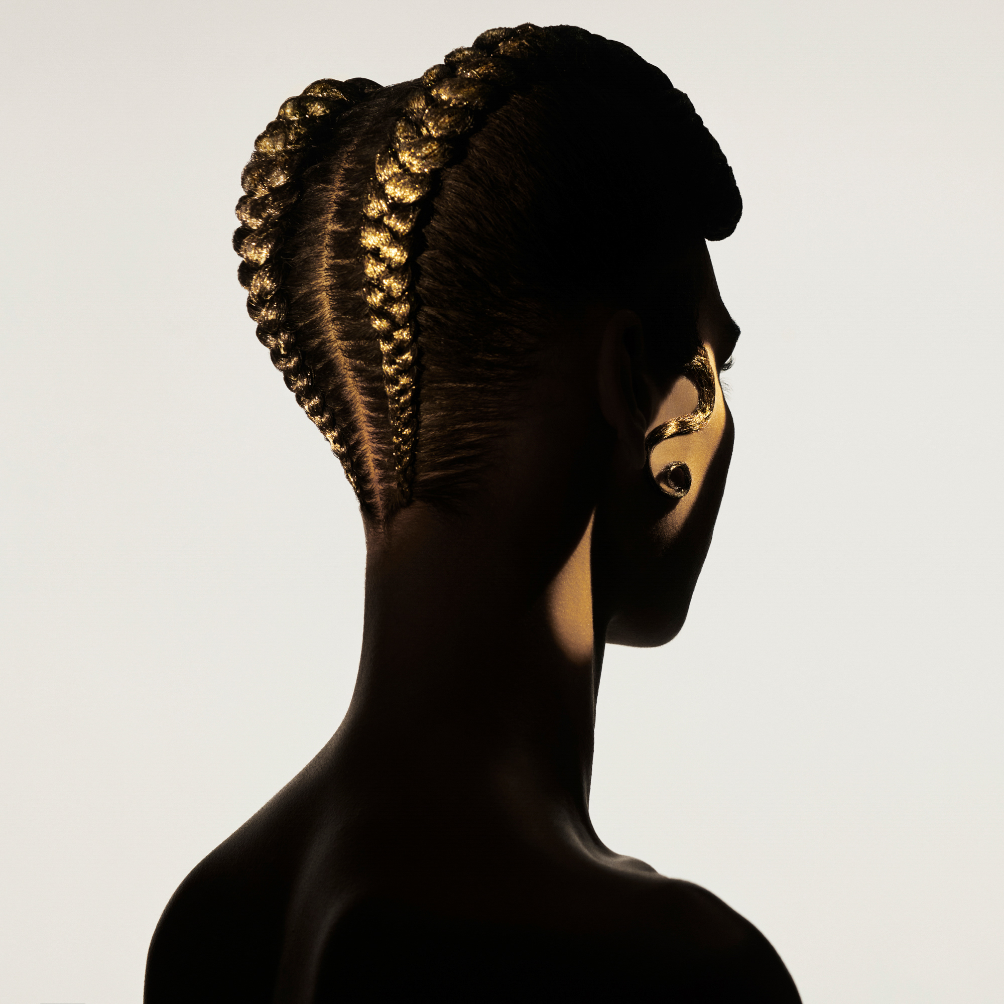 A model is facing away from the camera with tightly braided hair that is split into two braids down the back of their head. One curl is highlighted by a golden light hitting the side of their face. The model's entire hair is covered with a gold glitter. 