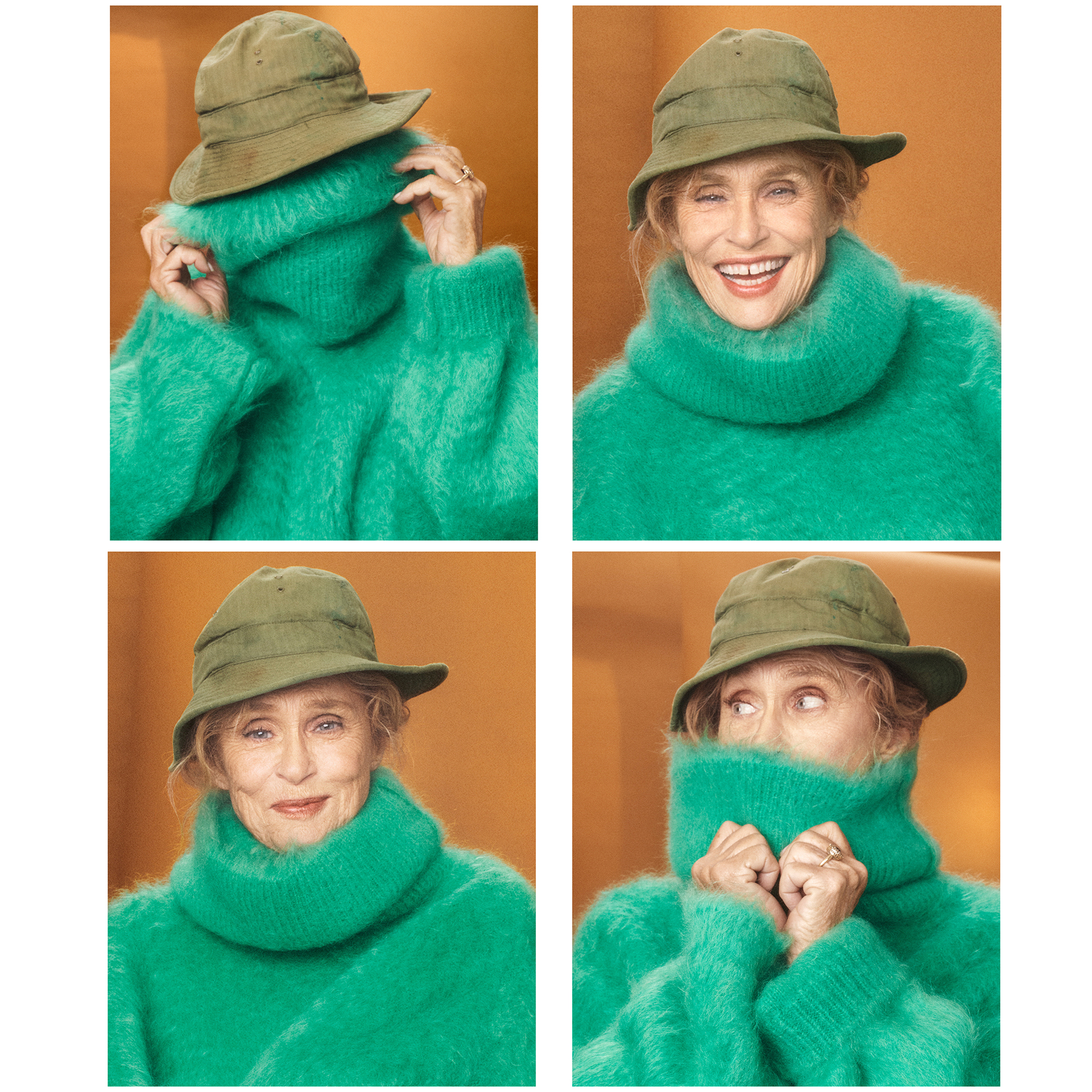 Image grid of Lauren Hutton making various expressions wearing a bright green sweater and a dark green hat. 