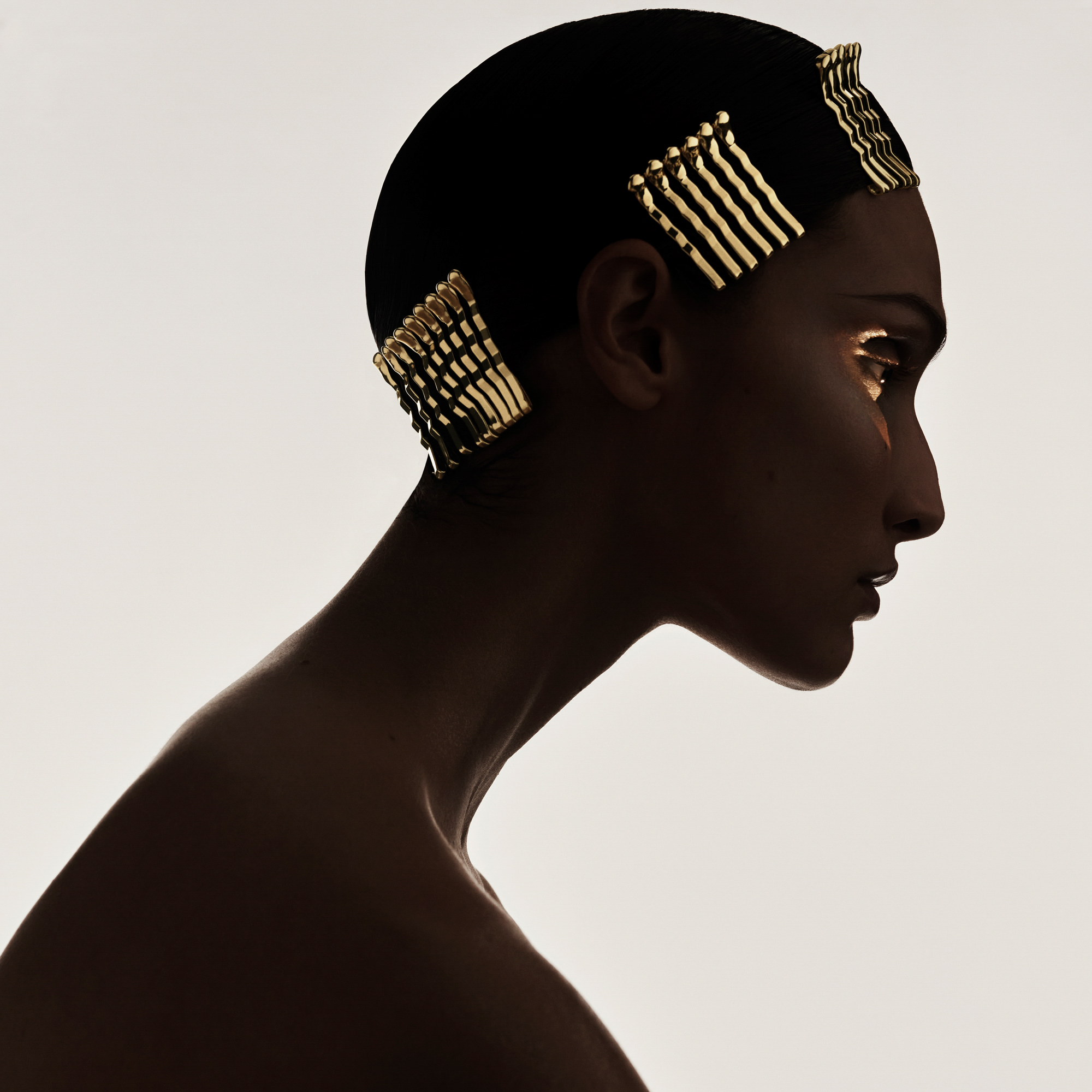 A model is in profile with golden hair clips secured in sections on the model's head. Golden light is illuminating their eye. 