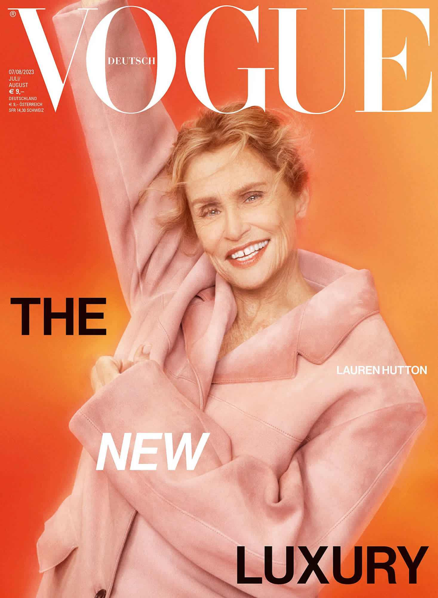 Cover of Vogue Germany with Lauren Hutton wearing a soft pink jacket with her arm up in front of an orange background.