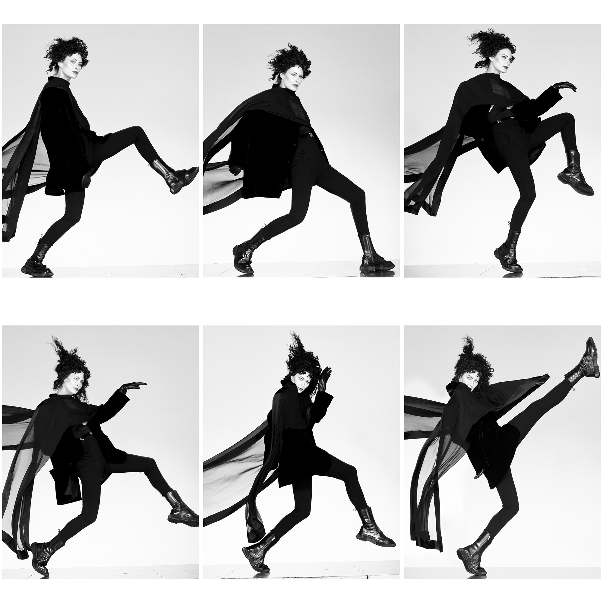 Image grid of Shalom Harlow in an all black look moving around dramatically. 