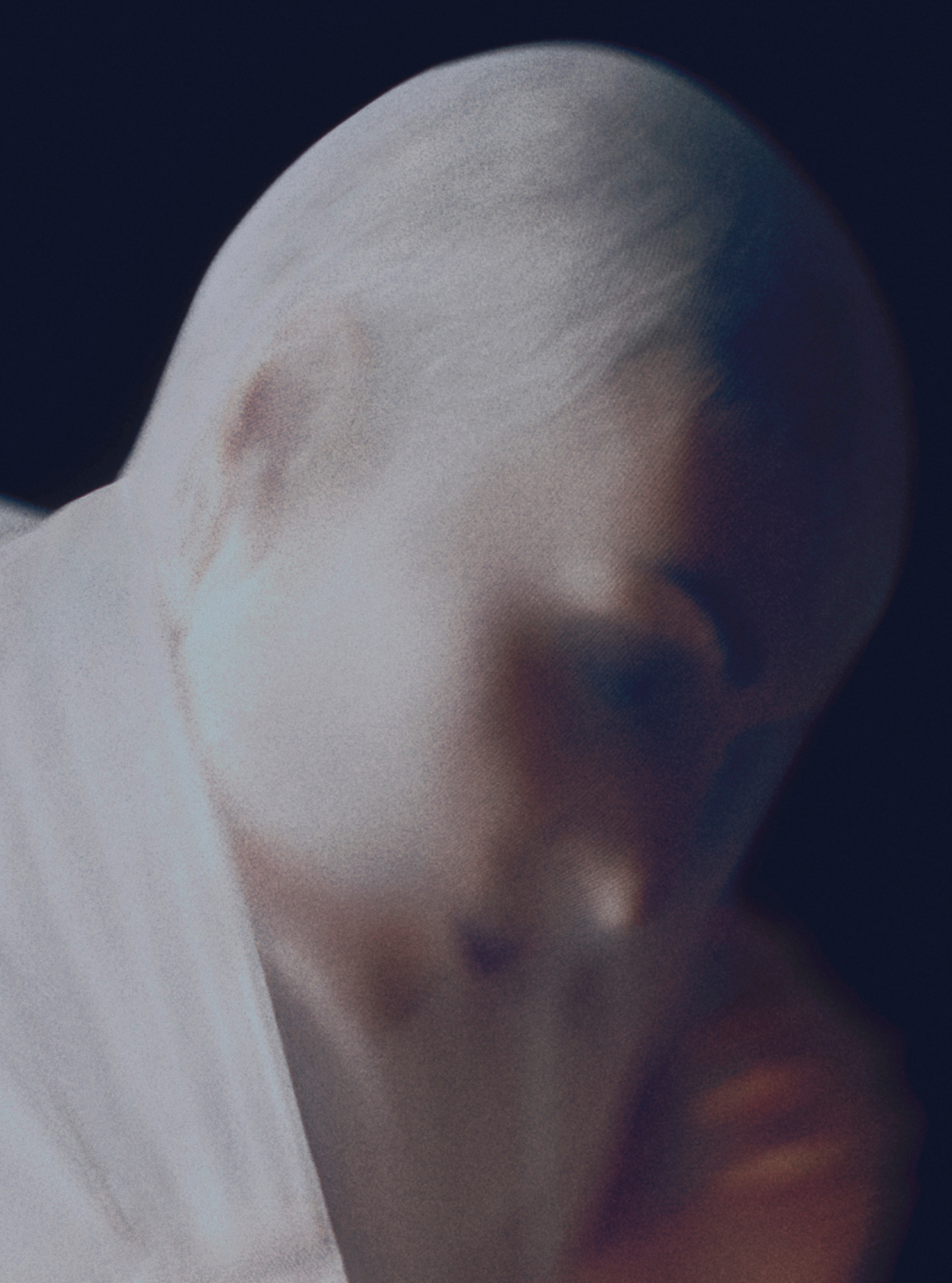 Model has head covered by a sheer fabric. The fabric is obscuring the model's facial features and hair. The background is a solid black. 