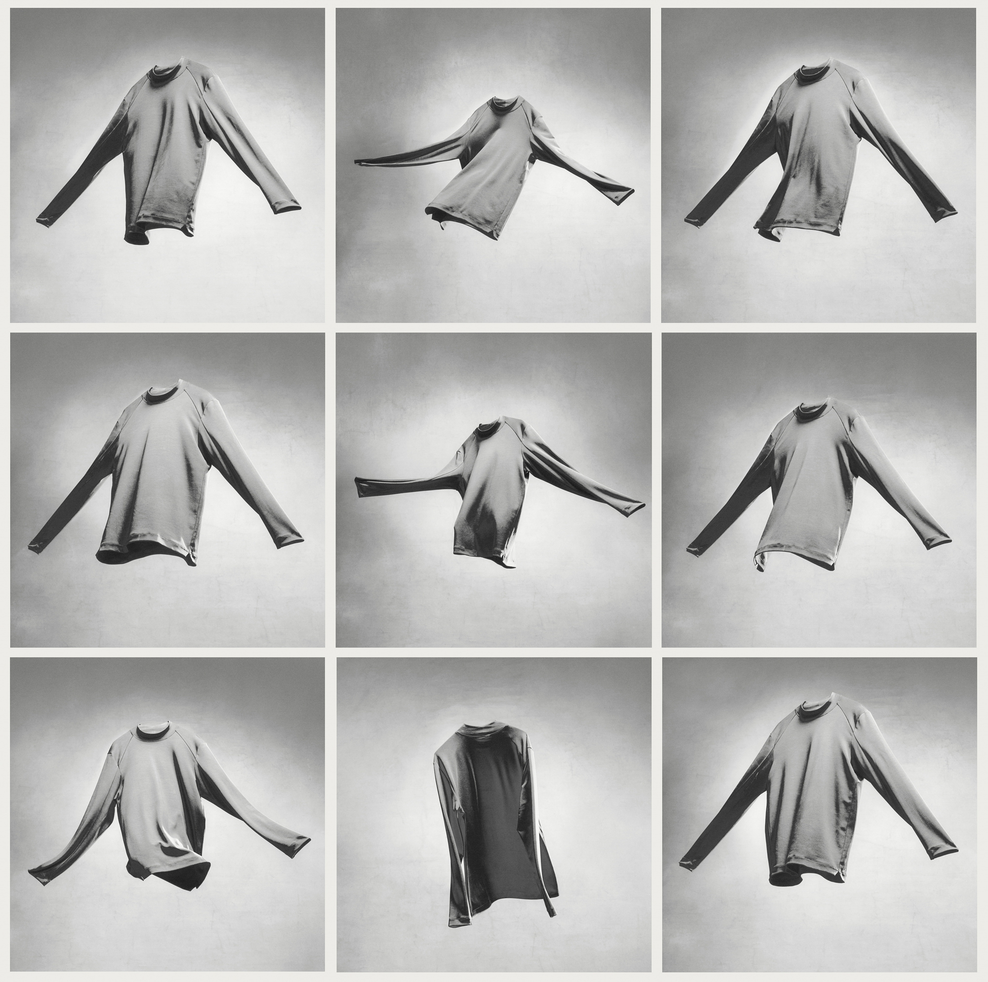 The image is a photo collage of light colored long sleeve athletic shirt being suspended in the air. The light is hitting the garment in the center and is creating contrasty shadows. All images in the collage have a light grey background. 