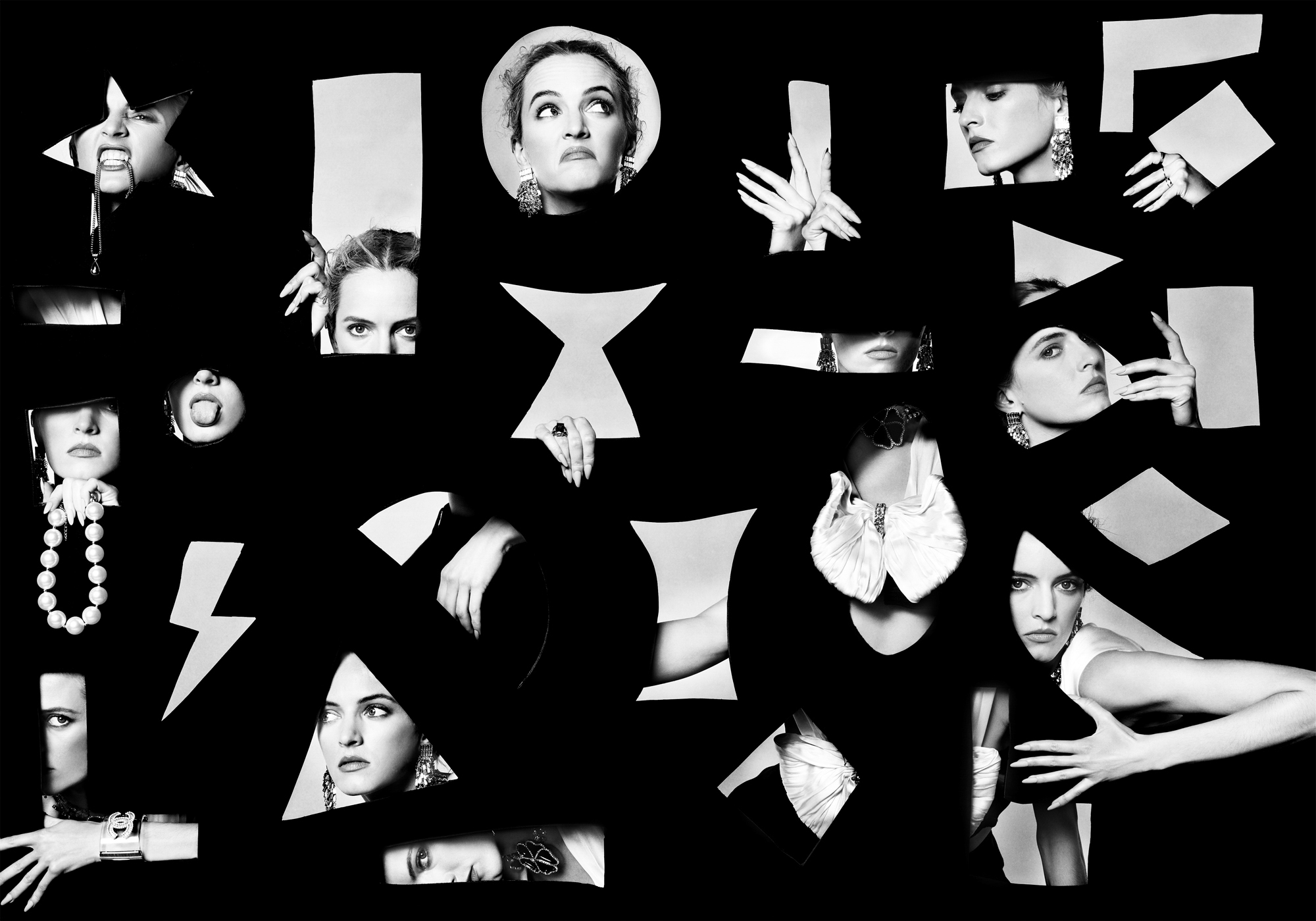 There are multiple graphic cut outs from a black fabric where the model is multiplied and peering out of the different openings of the fabric. 