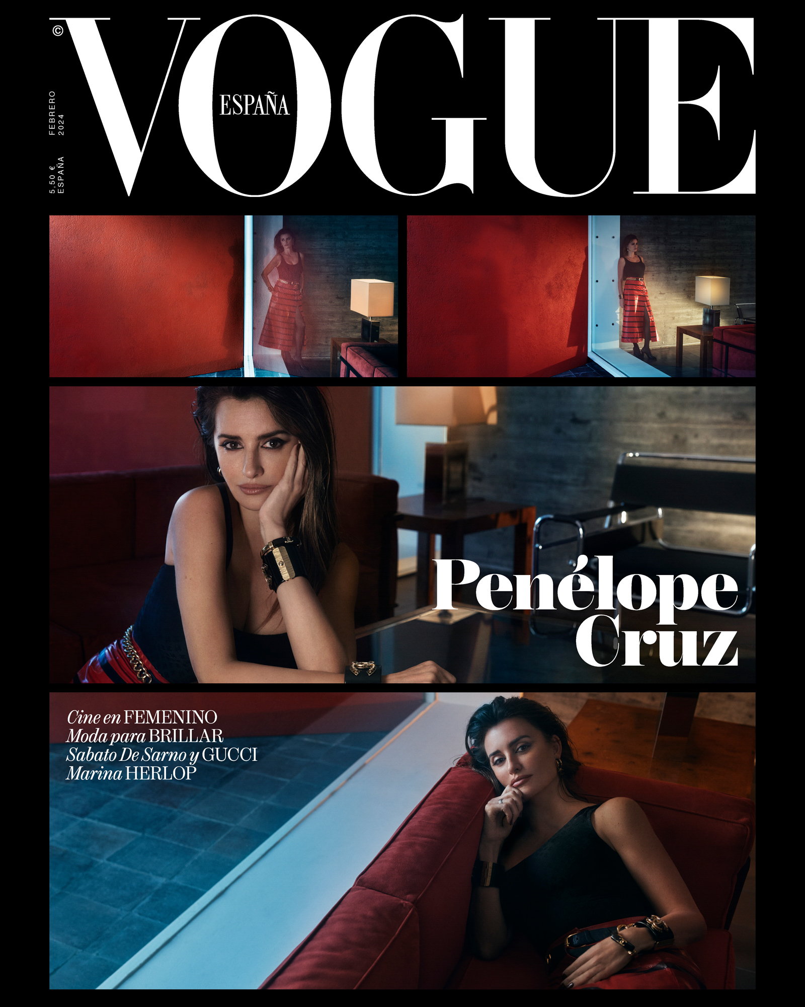 Cover of Vogue Spain with Penelope Cruz. The cover is a collage of multiple images on a black background. 