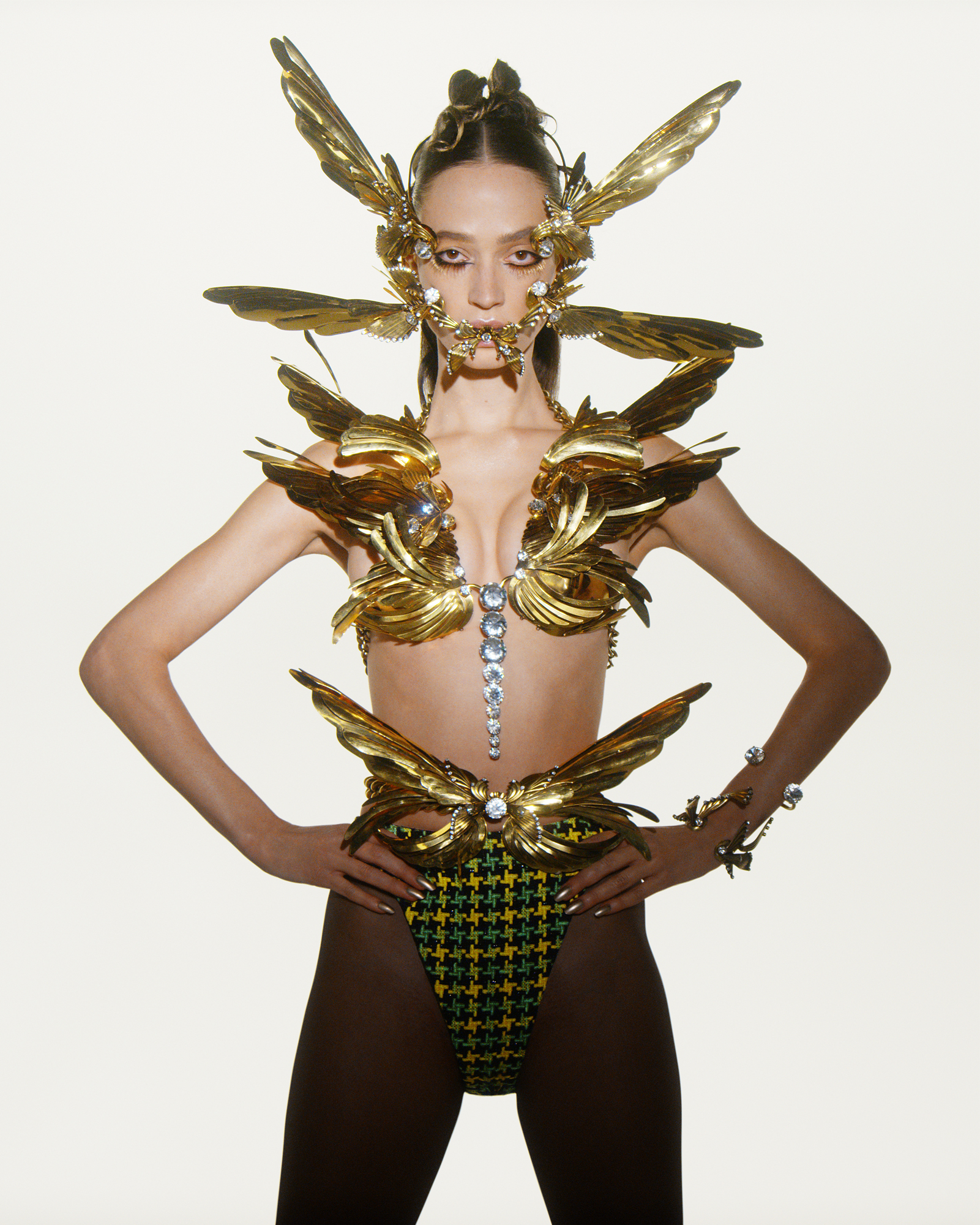 Model is standing in the center of the frame. She is standing with her hands on her hips and is looking straight at the camera. She is wearing a bra and panty, and is adorned with golden insect looking wings. 