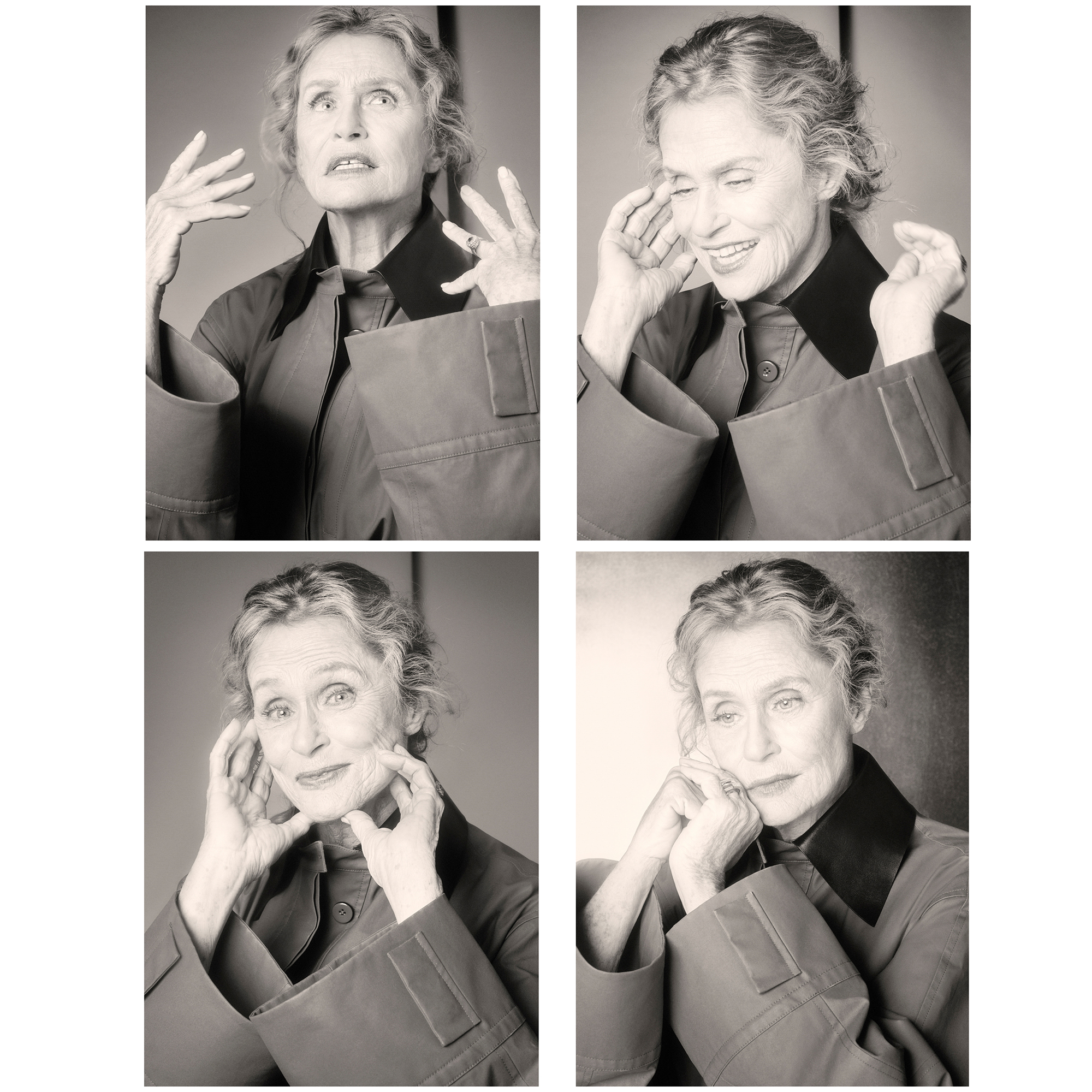 Image grid of Lauren Hutton wearing a dark trench coat and making various expressive gestures. 
