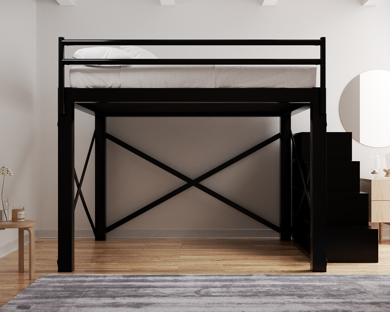 King Loft Bed Black Staircase