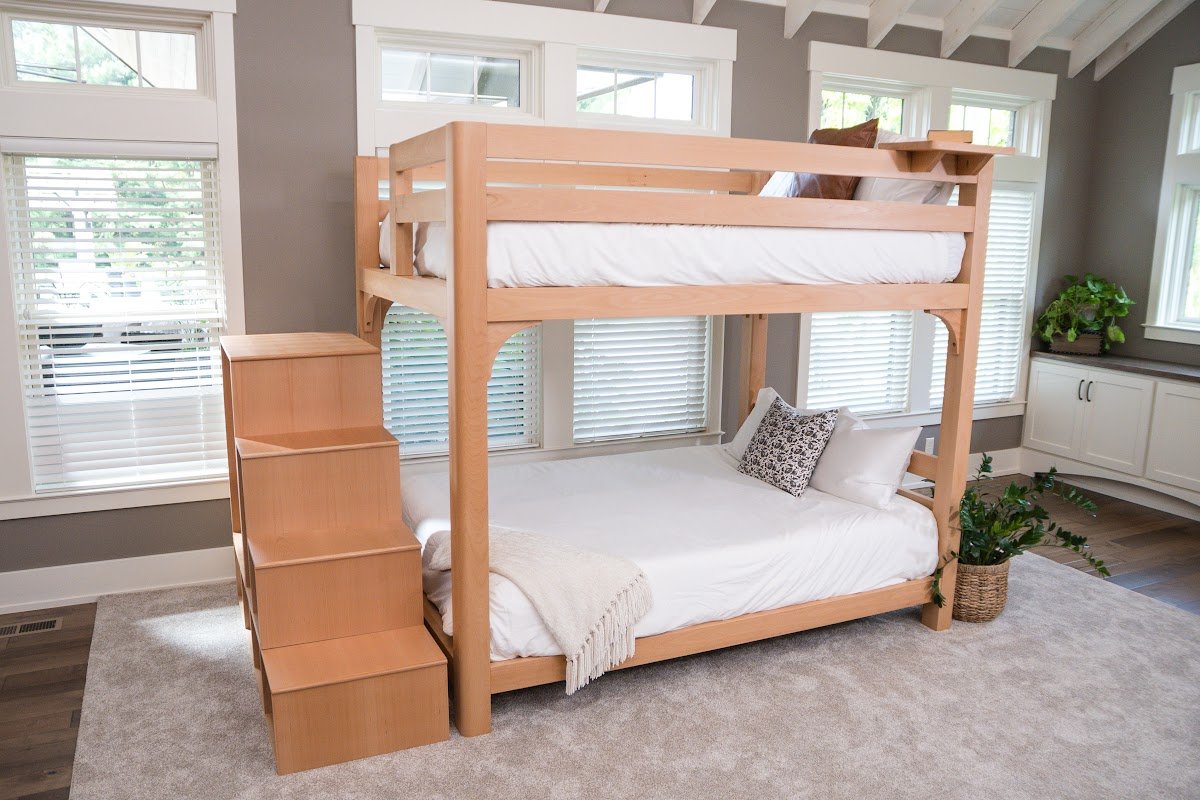 Solid wood bunk bed for adults with storage staircase, sturdy rails, and a full slat system