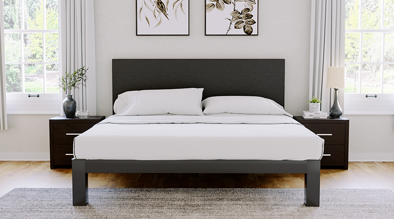 Charcoal Wyoming King Platform Bed with a charcoal headboard in a neutral upscale master bedroom seen directly from the foot of the bed.