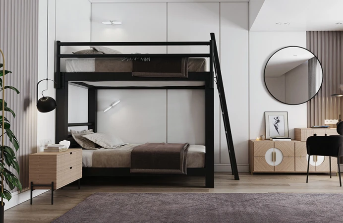 Black Full Over Full Bunk Bed for adults in an upscale guest bedroom with mid-century modern furniture seen from a distance facing the right-hand side of the bed away from the wall.