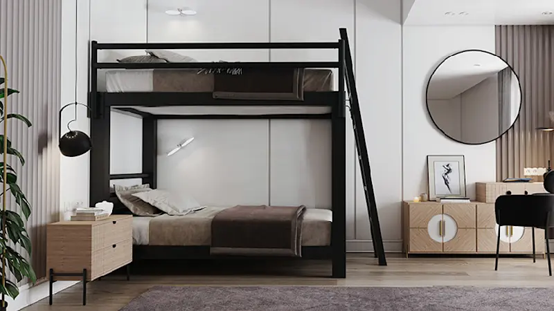 Black Full Over Full Bunk Bed for adults in an upscale guest bedroom with mid-century modern furniture seen from a distance facing the right-hand side of the bed away from the wall.