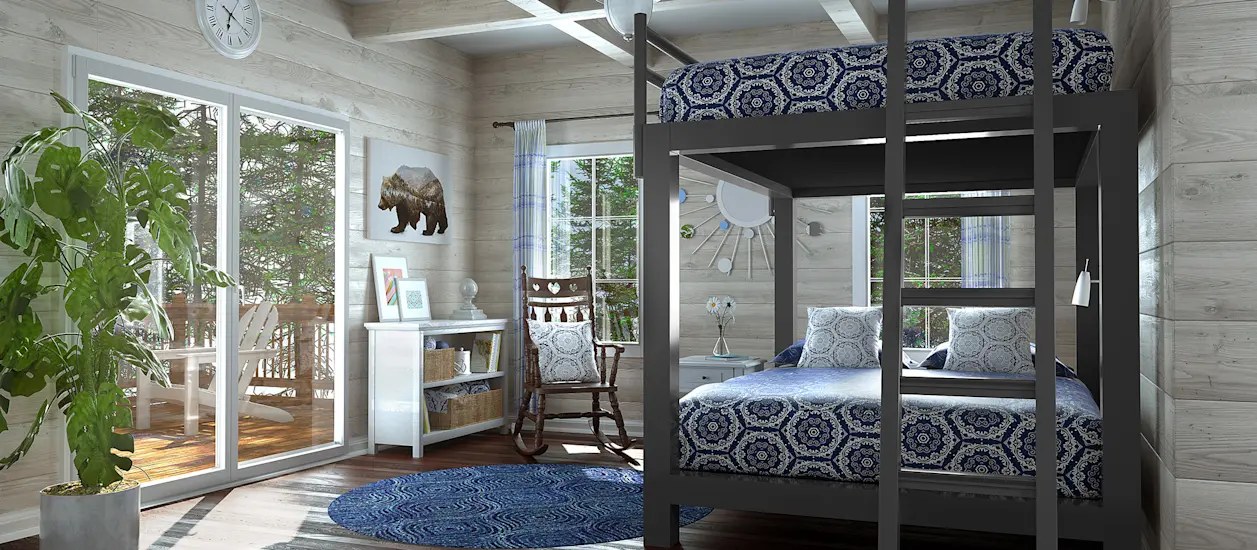 Charcoal Adult Bunk Bed in a cabin in the woods seen from the foot of the bed.