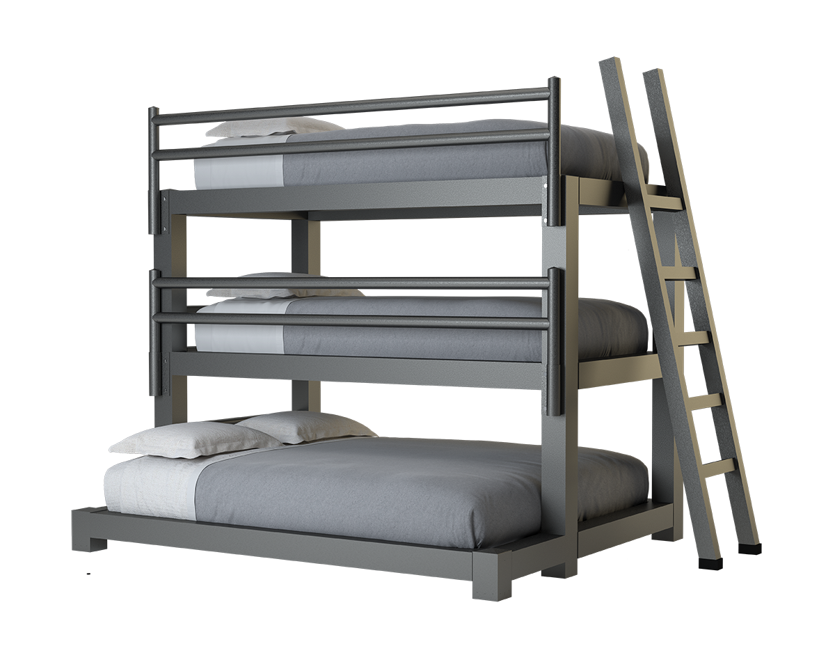 A charcoal Twin XL Over Twin XL Over Queen Triple Bunk Bed for Adults