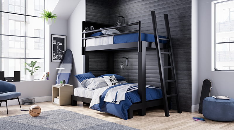 Black mixed size Adult Bunk Bed in a teenagers bedroom inside a luxury high-rise condo seen from the lower right-hand corner of the bed frame at a slight distance.