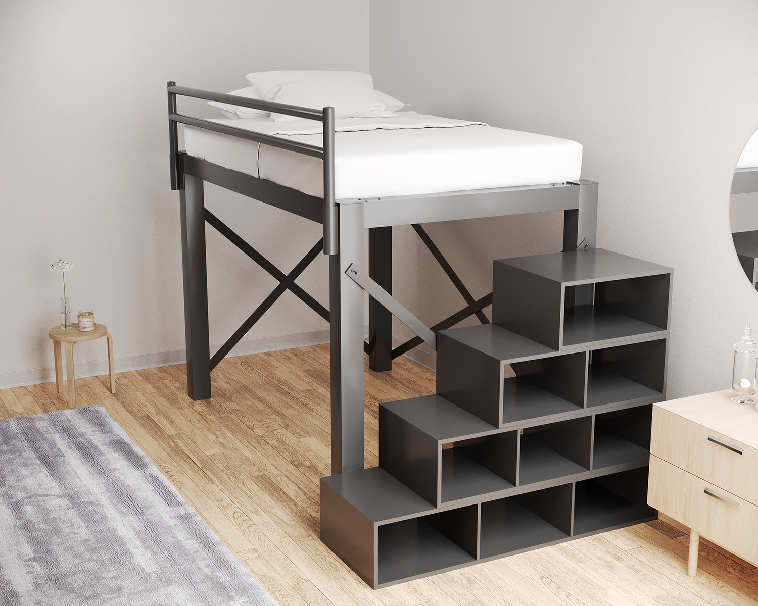 Full Xl Loft Bed Charcoal Staircase