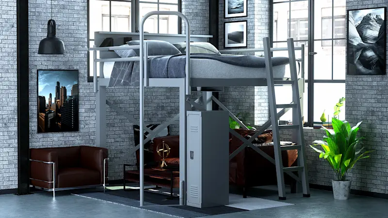 Modern loft apartment with a high bunk bed above a cozy seating area featuring brown sofas. Large windows reveal an urban skyline. Potted plants and framed art add to the decor against the exposed brick walls.
