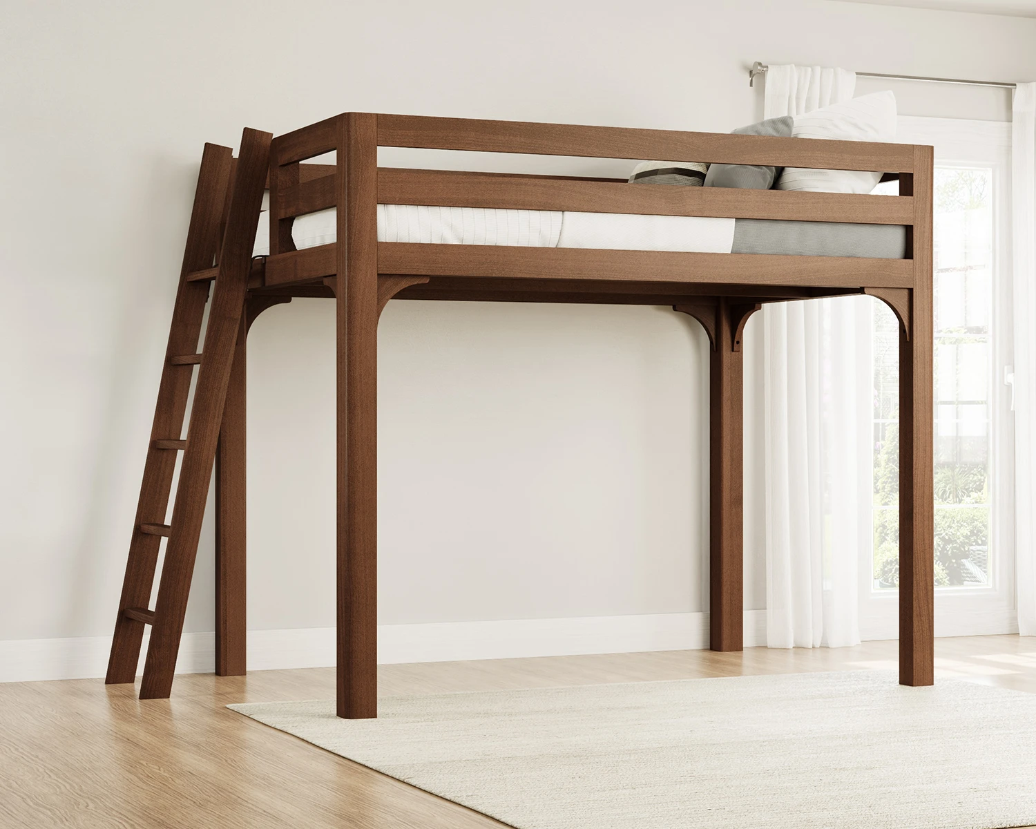 Queen Wood Loft Bed Walnut Ladder
