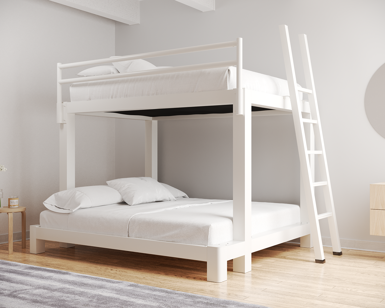 Queen Over King Bunk Bed White Ladder