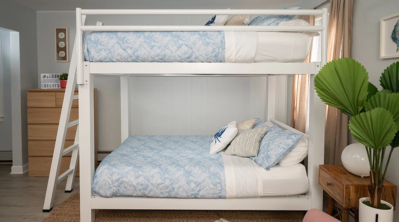 A white Adult Bunk Bed in a sunny vacation rental