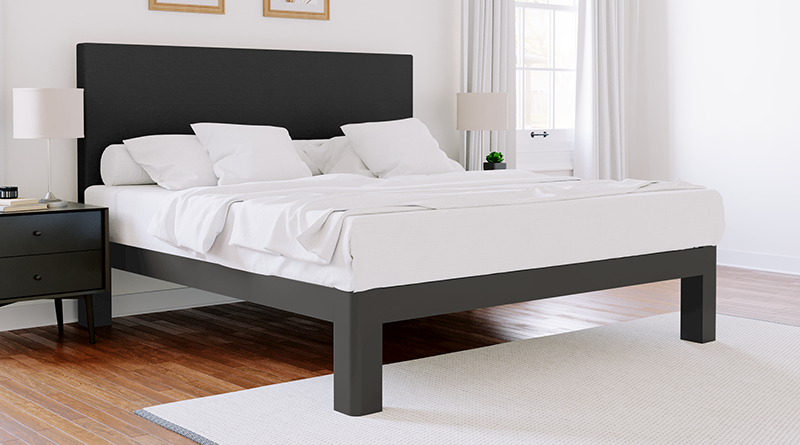 Charcoal king size metal platform bed with a Granite headboard seen from the lower right-hand corner.