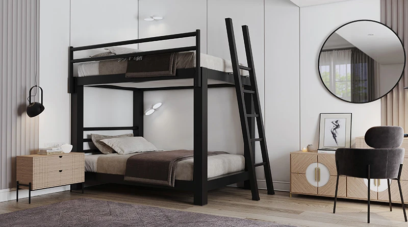 Black Adult Bunk Bed in an Upscale Bedroom with brown and tan bedding seen from a slight distance looking at the lower right-hand corner of the bed frame.