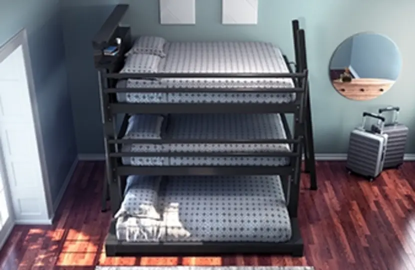 Charcoal Queen Over King Triple Bunk Bed for adults in a nice guest bedroom seen at a high angle from the left-hand side of the bed.
