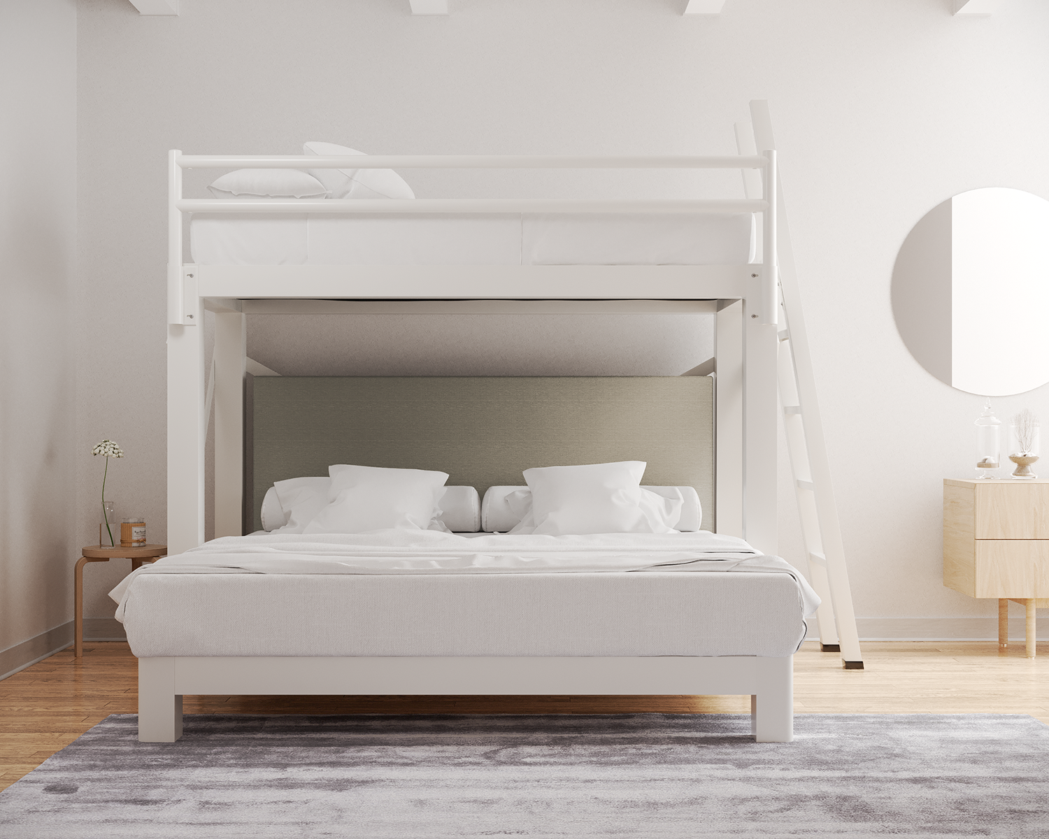 Twin Over King L Shaped Bunk Bed White Ladder Light Gray