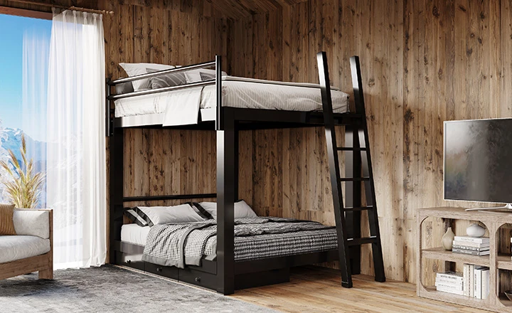 Black Adult Bunk Bed in a wood-walled mountain home bedroom seen directly from the lower left-hand corner of the bed