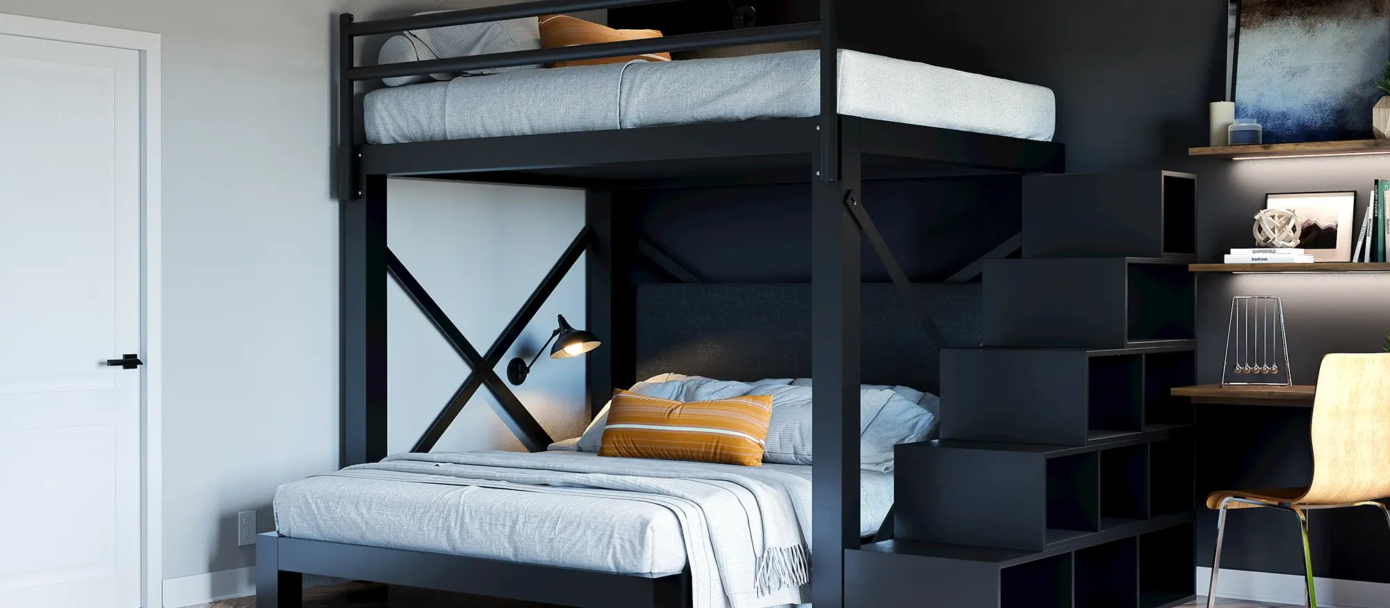 A black Full Over Queen size L-Shaped Bunk Bed for adults with matching wooden stairs in an upscale guest bedroom space. Seen from the lower left-hand corner of the bottom bunk.