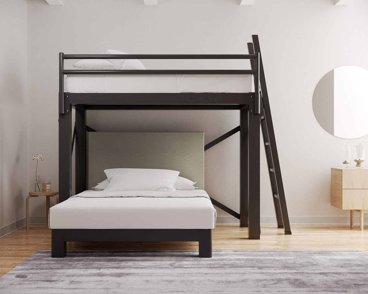 Twin Over Full L Shaped Bunk Bed Charcoal Ladder Light Gray