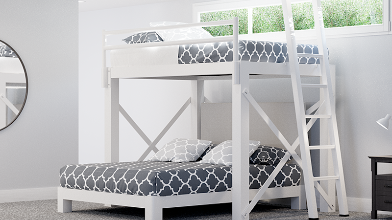 White L-Shaped Bunk Bed for Adults in a basement guest room seen from the lower left-hand corner of the bottom bunk.