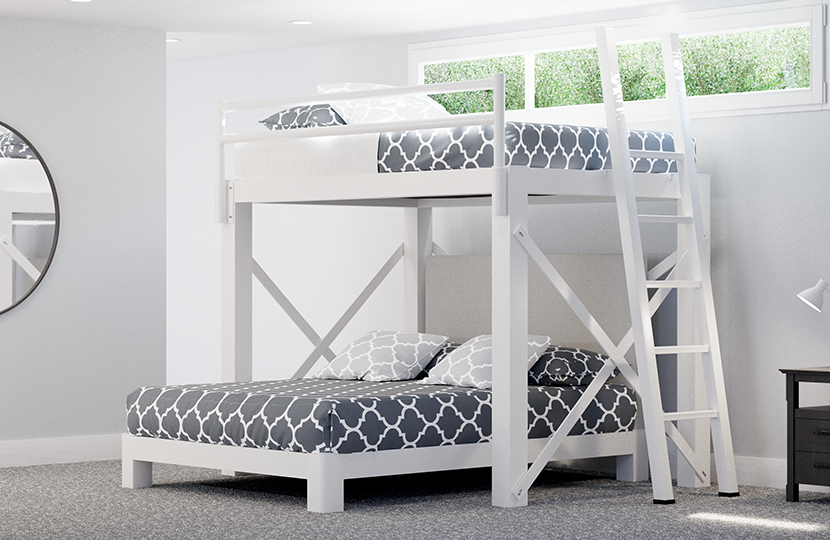 White L-Shaped Bunk Bed for Adults in a basement guest room seen from the lower left-hand corner of the bottom bunk.