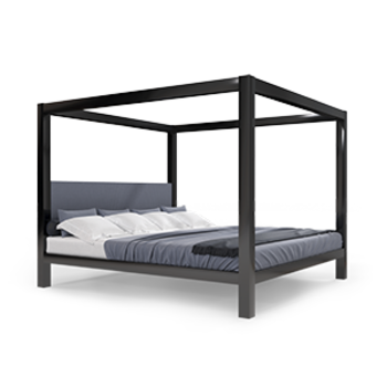 A black Alaskan king size metal canopy bed
