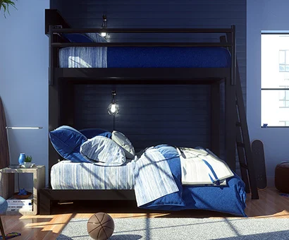 A black Twin Over Full Adult Bunk Bed in a young man's condo bedroom with blue bedding. Seen directly from the side.