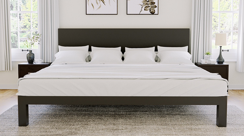 Charcoal Alaskan King Bed in a nice, neutral master bedroom with a Graphite Headboard seen directly from the foot of the bed.