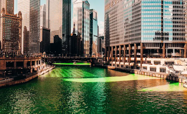 A shot of the Chicago River dyed green to celebrate St. Patrick's Day