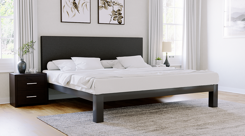 Charcoal colored Alberta King size Platform Bed with a Graphite Headboard in a nice neutral open room. Seen from the lower right-hand corner.