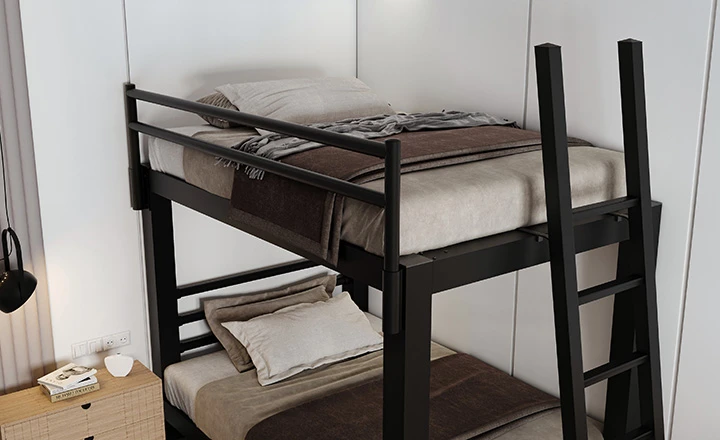 High-angle semi-close up of a black Adult Bunk Bed top bunk with ladder seen from lower right-hand corner of the bed frame.