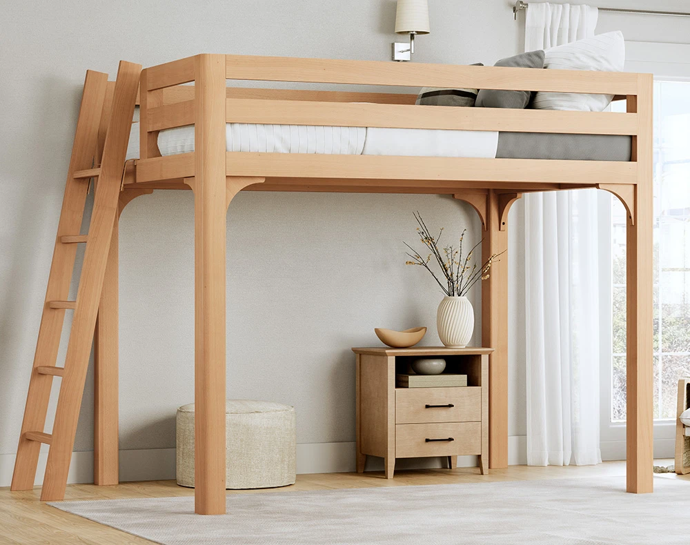 Light colored queen size Wood Loft Bed for Adults in a nice, upscale bedroom with a lot of natural light. Bed has white and light gray bedding on it. Under the bed frame is a wooden nightstand with a plant on it and a round, upholstered foot stool. Seen from the left-hand side of the bed at a slight angle toward the foot of the bed frame.