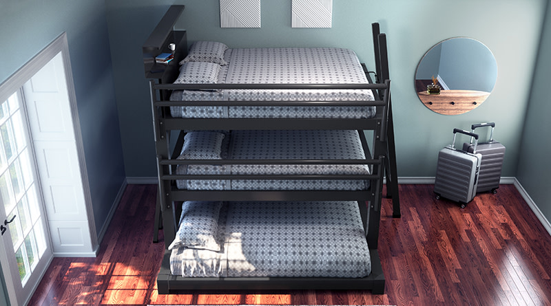 A charcoal Queen Over Queen Over King Triple Bunk Bed for adults in a sparsely decorated guest bedroom seen from the side at a high angle.