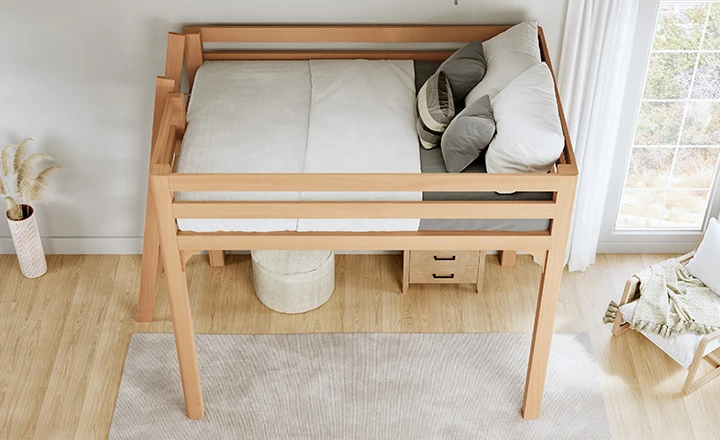 Light colored queen size Wood Loft Bed for Adults in a nice, upscale bedroom with a lot of natural lighting. Bed has white and light gray bedding on it. Seen from a high angle looking down from the left-hand side of the loft bed frame.