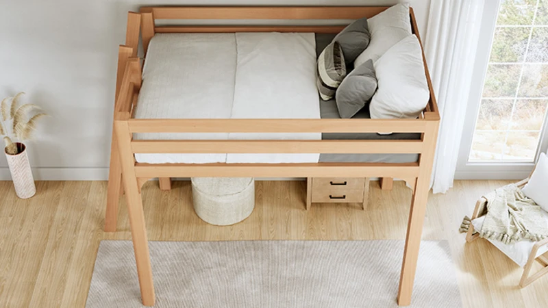 Light colored queen size Wood Loft Bed for Adults in a nice, upscale bedroom with a lot of natural lighting. Bed has white and light gray bedding on it. Seen from a high angle looking down from the left-hand side of the loft bed frame.