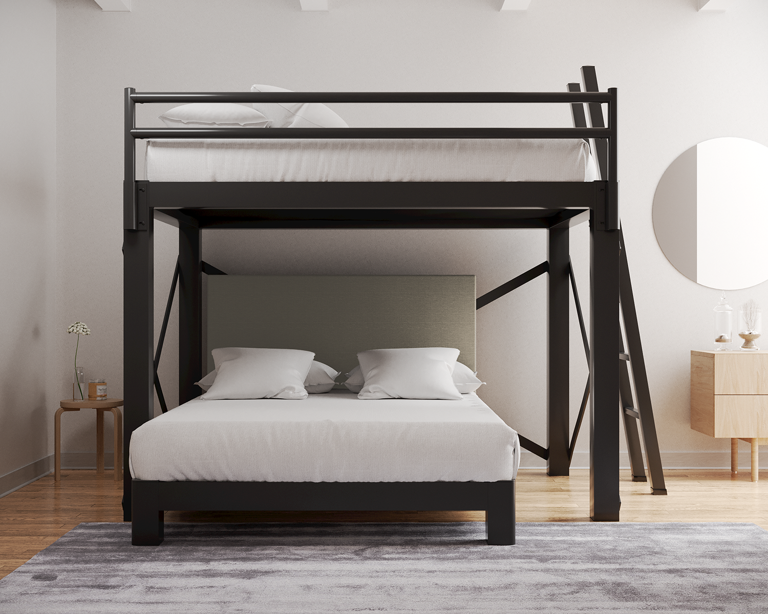 Queen L Shaped Bunk Bed Charcoal Ladder Light Gray