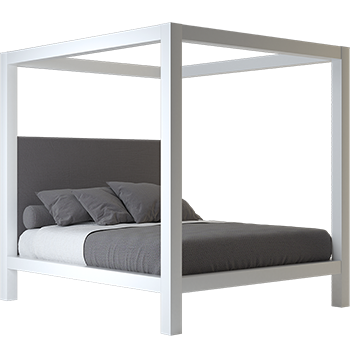 A white California king size metal canopy bed