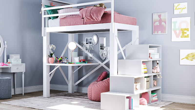 White Twin Loft Bed for Adults with a matching Storage Staircase with white and pink bedding in a teenage girl-s bedroom seen from the right-hand side of the bed at a slight angle toward the foot of the bed.